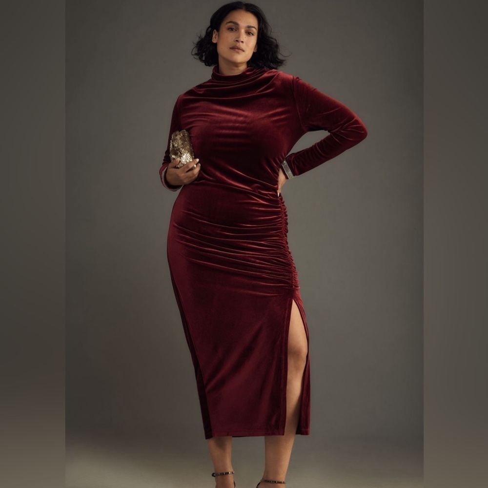 NWT! Maya Ruched Cowl-Neck Dress Wine Velvet Long-Sleeve Edition - 3X 💚